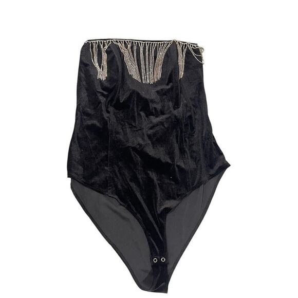 Forever 21 Black Velvet Rhinestone Fringe Strapless Bodysuit Womens 1XL New - Picture 5 of 10